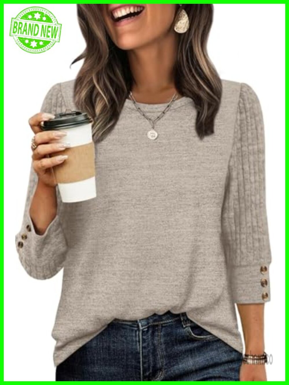 Womens 3/4 Sleeve Button Loose Fit Lightweight Sweater Top Tunics